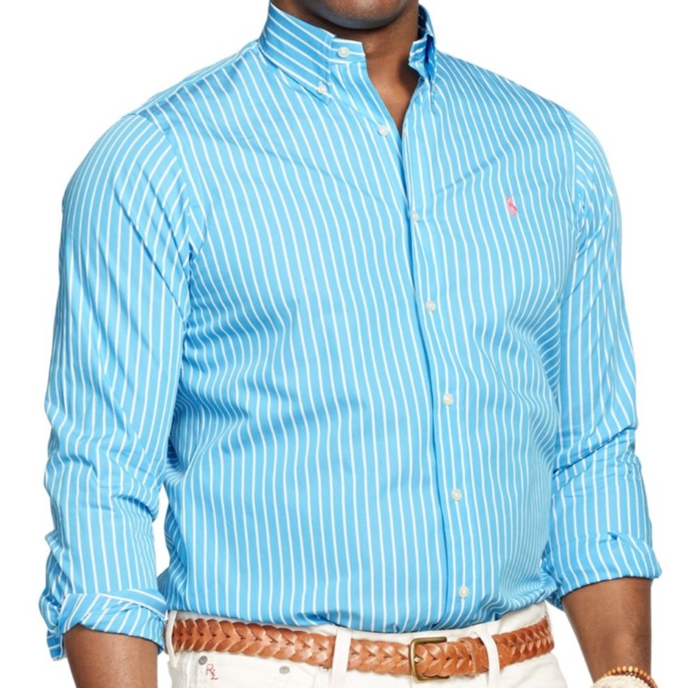 Polo Ralph Lauren Blue/Teal Striped Poplin Shirt - Picture 4 of 5